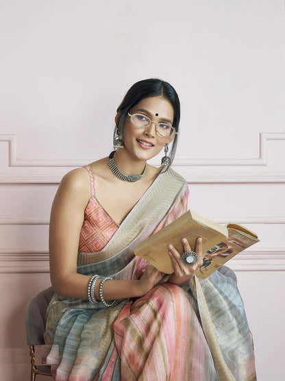 MultiColor Handloom Khadi Silk Saree with Digital Print & Zari  Border