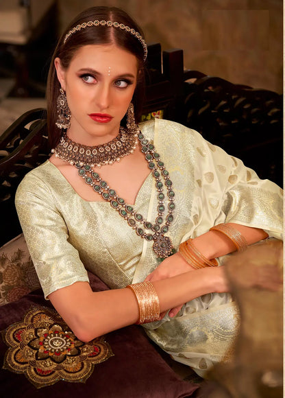 White  Soft Satin Silk Saree  With Zari Weaving