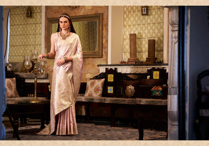 Peach Soft Satin Silk Saree  With Zari Weaving