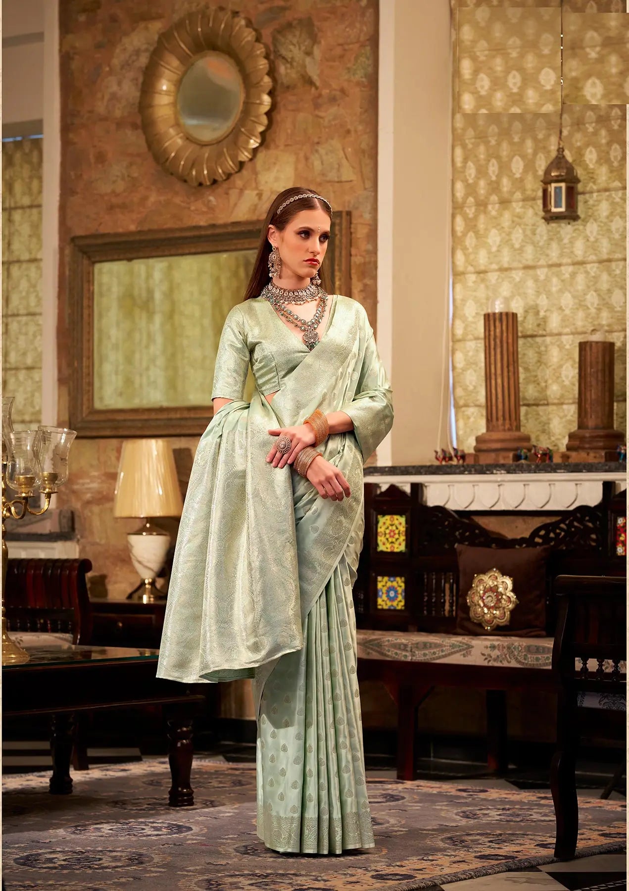 Pista Soft Satin Silk Saree  With Zari Weaving