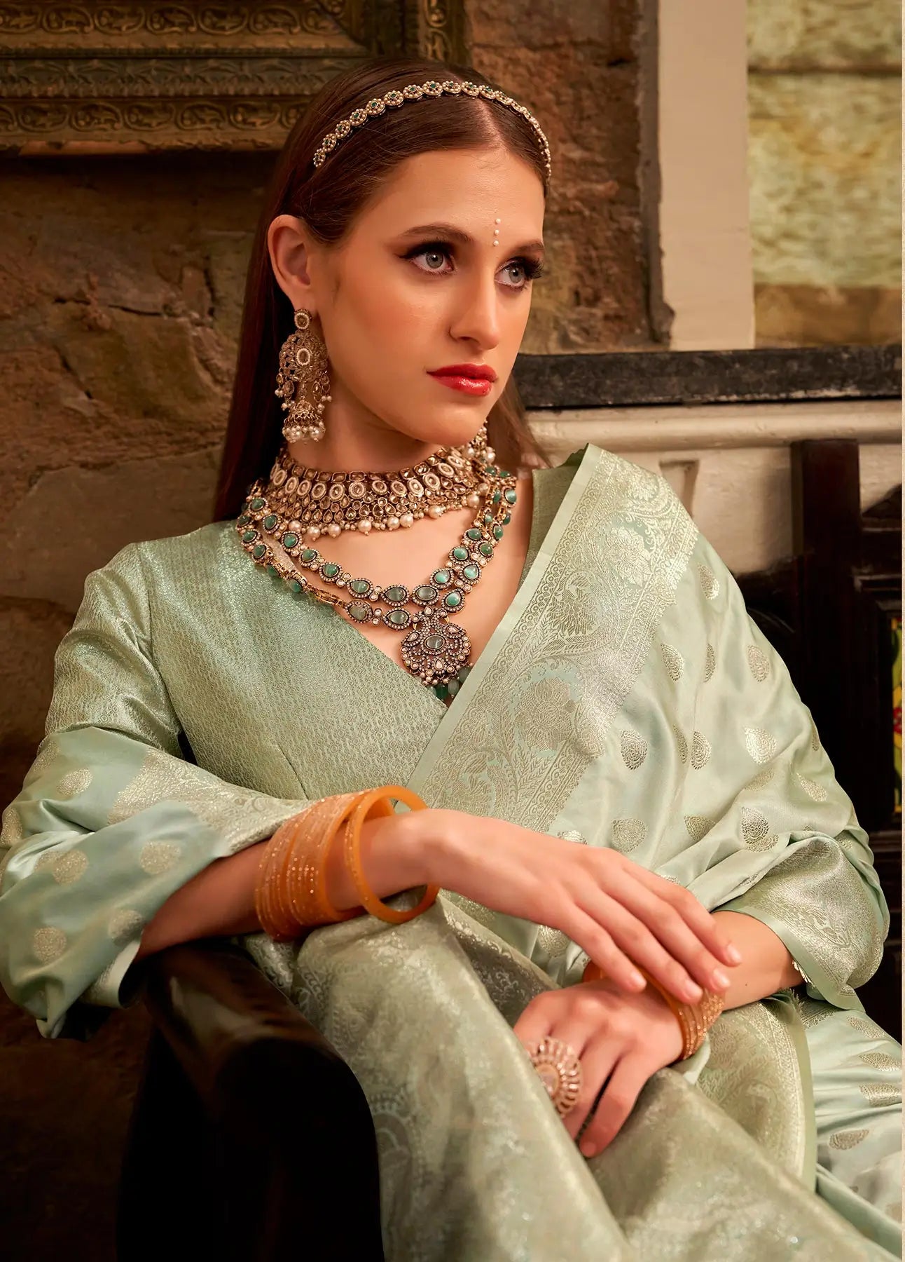 Pista Soft Satin Silk Saree  With Zari Weaving