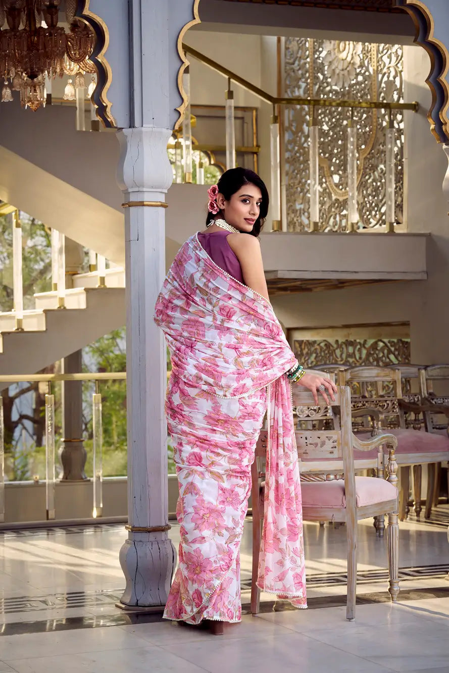 Light Pink Weightless Marbal Saree With Floral Print &  Pearl Lace Border