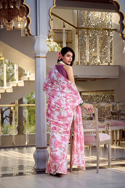 Light Pink Weightless Marbal Saree With Floral Print &  Pearl Lace Border