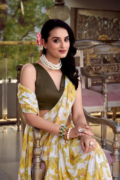 Yellow Weightless Marbal Saree With Floral Print &  Pearl Lace Border