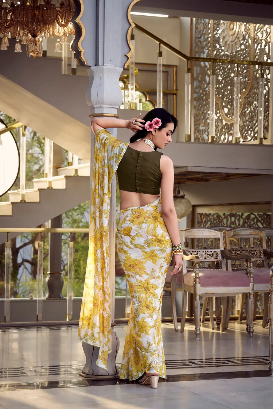 Yellow Weightless Marbal Saree With Floral Print &  Pearl Lace Border