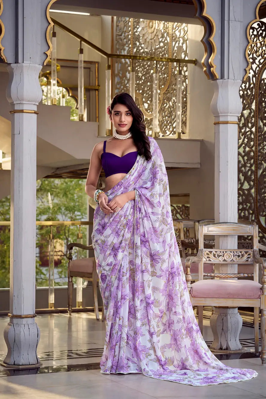 Lavender Weightless Marbal Saree With Floral Print &  Pearl Lace Border
