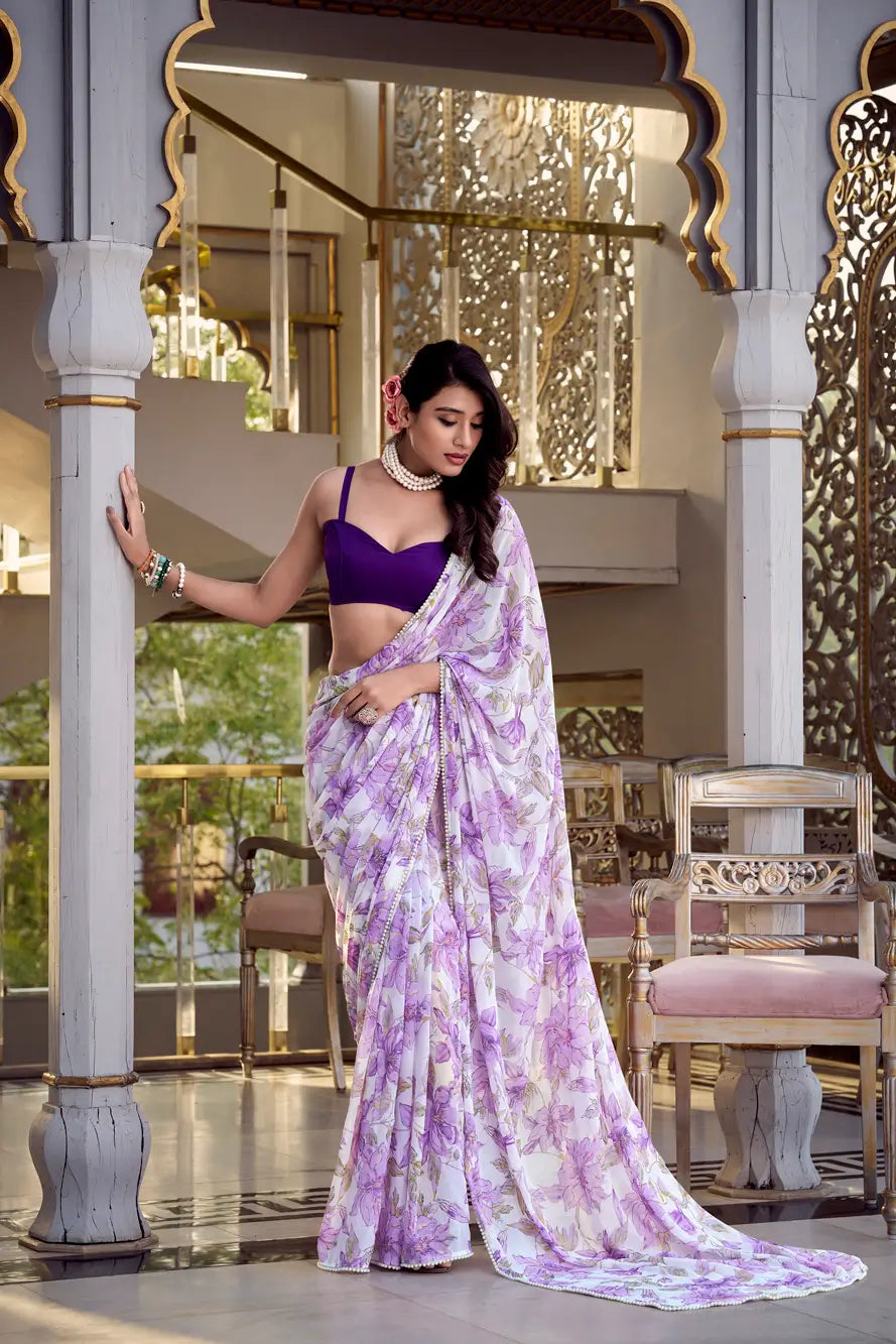 Lavender Weightless Marbal Saree With Floral Print &  Pearl Lace Border