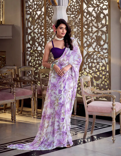 Lavender Weightless Marbal Saree With Floral Print &  Pearl Lace Border