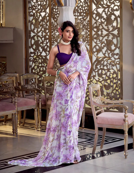 Lavender Weightless Marbal Saree With Floral Print &  Pearl Lace Border