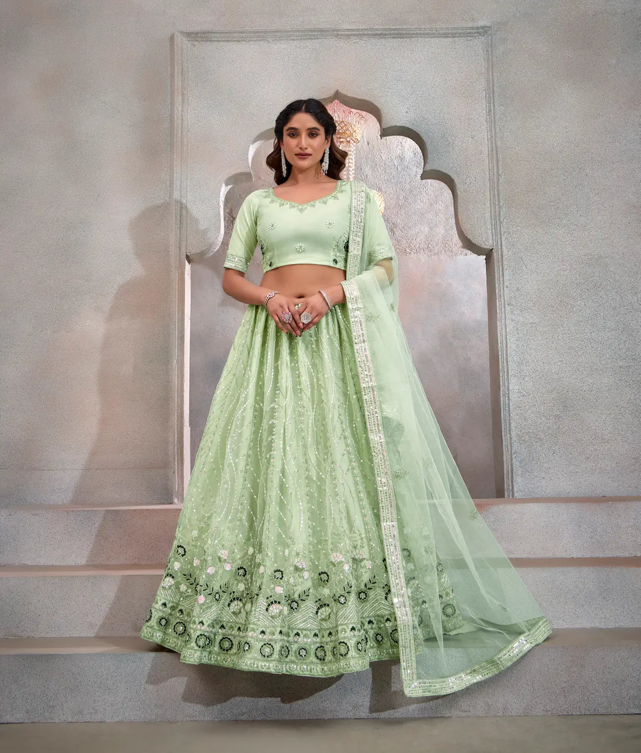 Mint Green Net Lehenga Choli With Thread & Sequence Embroidery Work