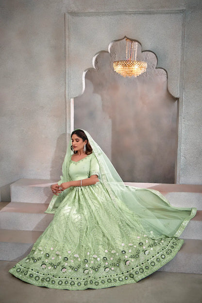 Mint Green Net Lehenga Choli With Thread & Sequence Embroidery Work