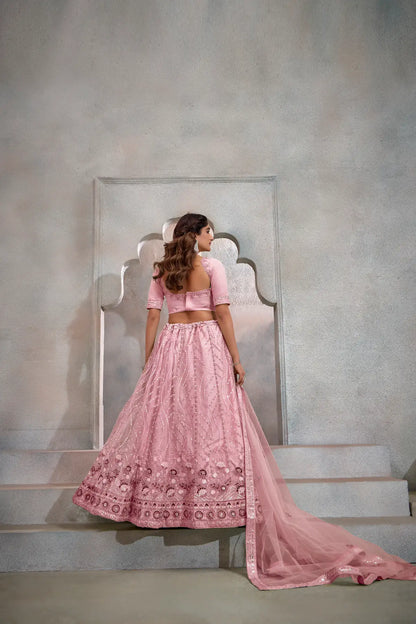 Dark Peach Net Lehenga Choli With Thread & Sequence Embroidery Work