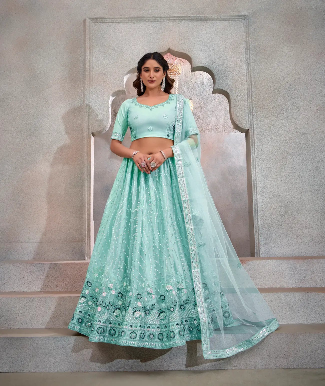 Turquoise Blue Net Lehenga Choli With Thread & Sequence Embroidery Work