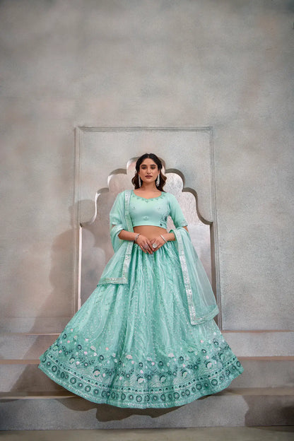 Turquoise Blue Net Lehenga Choli With Thread & Sequence Embroidery Work