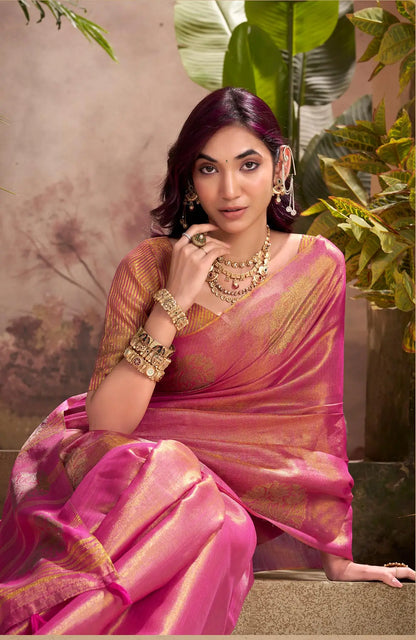 Pink Tissue Silk Saree with Woven Butta Work
