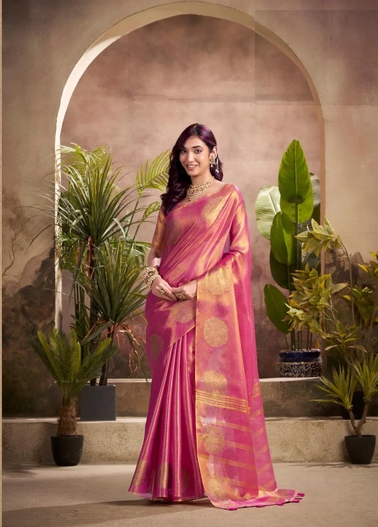 Pink Tissue Silk Saree with Woven Butta Work