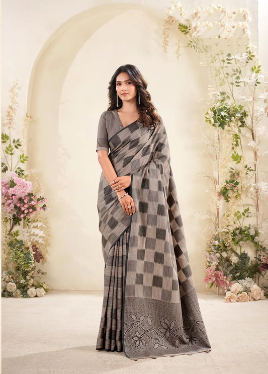 Brown Linen Silk Saree with Checks Print