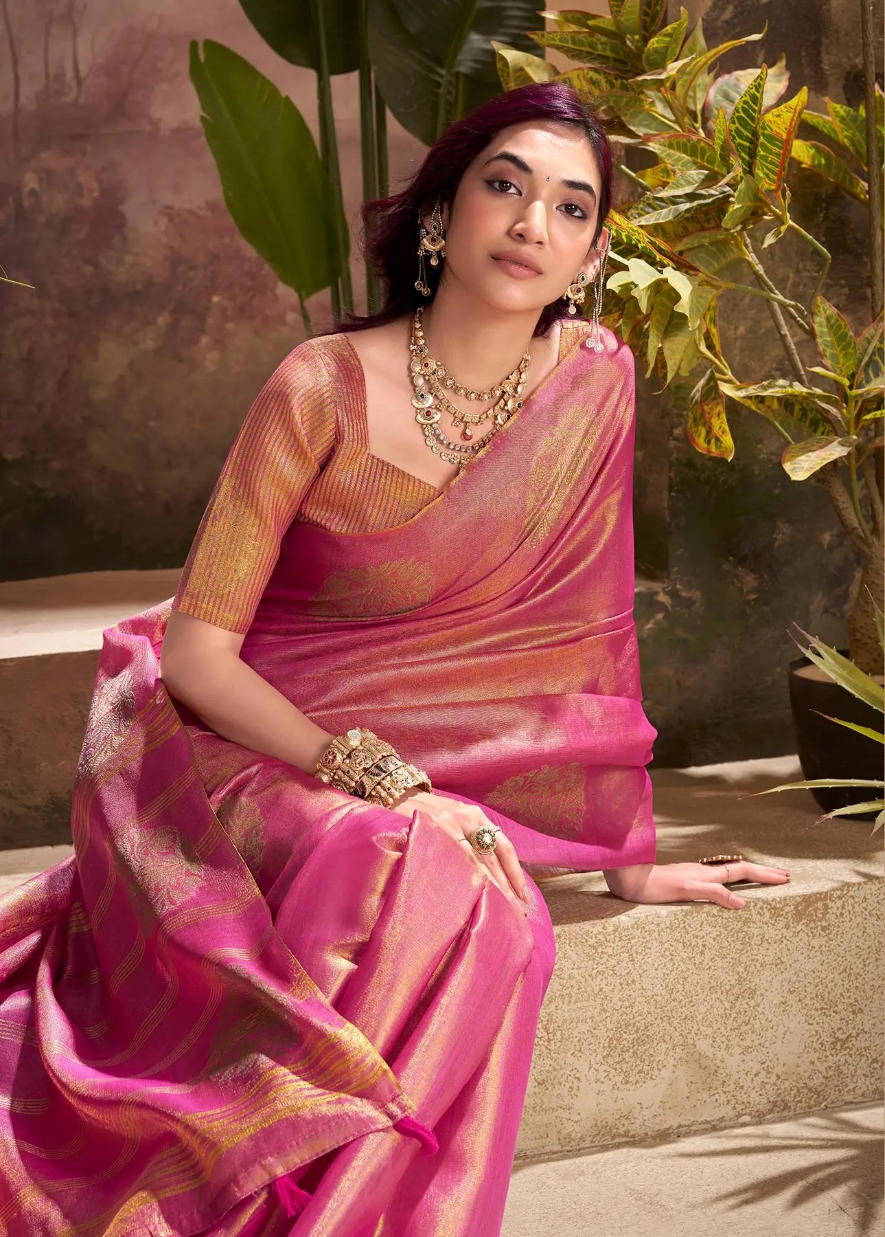 Pink Tissue Silk Saree with Woven Butta Work