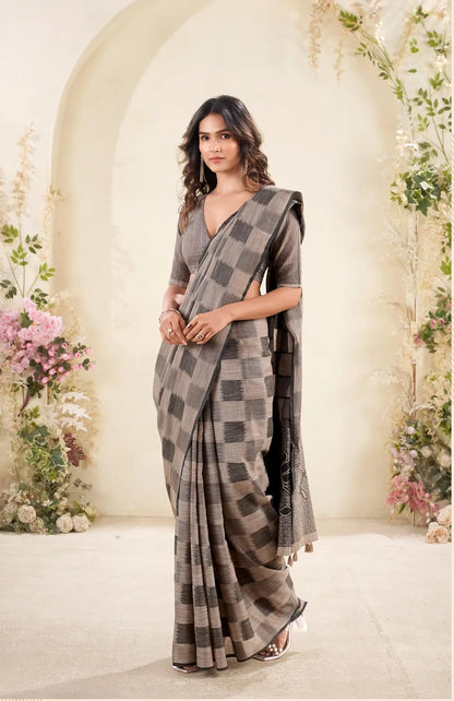 Brown Linen Silk Saree with Checks Print