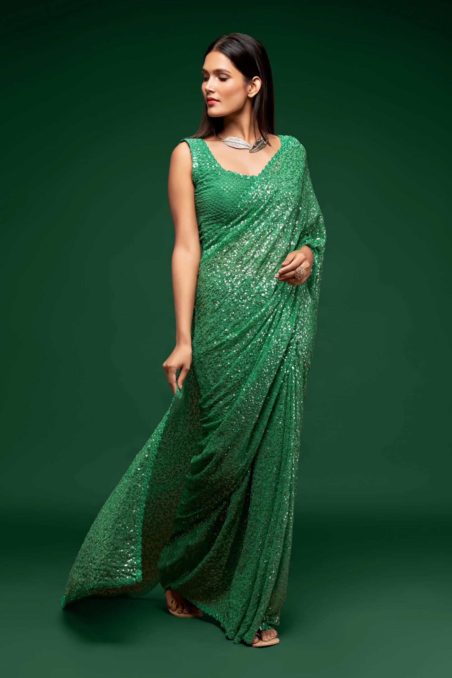 Mint Green Georgette with Thread And Multiple Sequins Embroidery Work