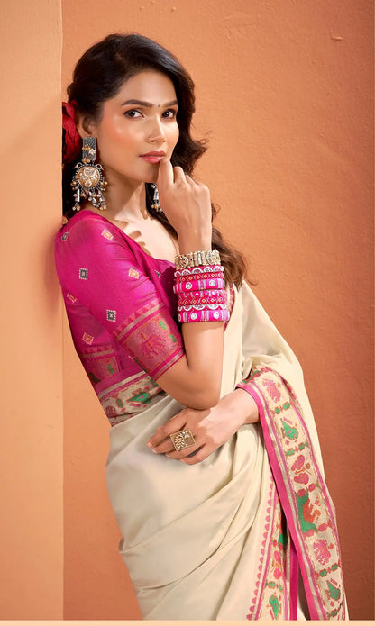 White  Silk Patola Weaving Saree with Attractive Border