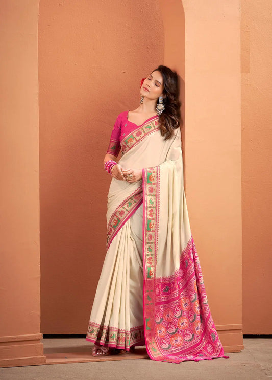 White  Silk Patola Weaving Saree with Attractive Border