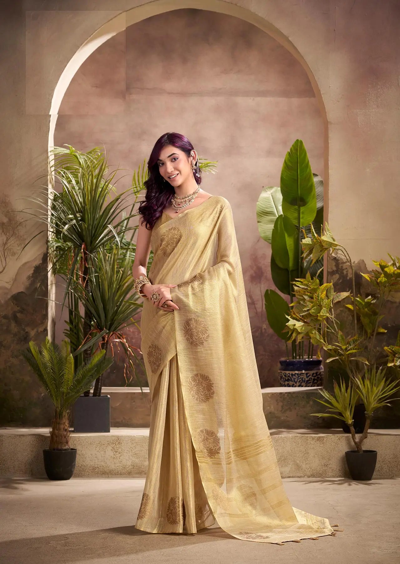Beige Tissue Silk Saree with Woven Butta Work