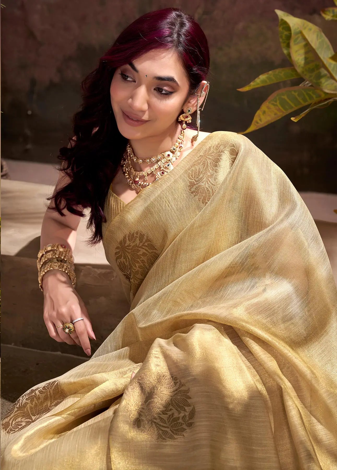 Beige Tissue Silk Saree with Woven Butta Work