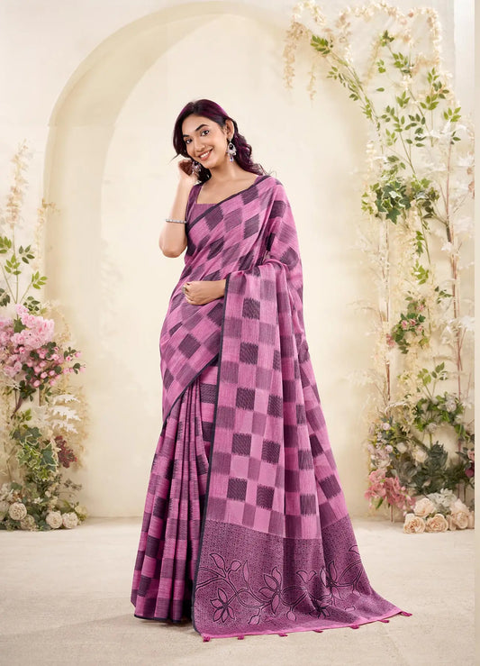 Pink Linen Silk Saree with Checks Print