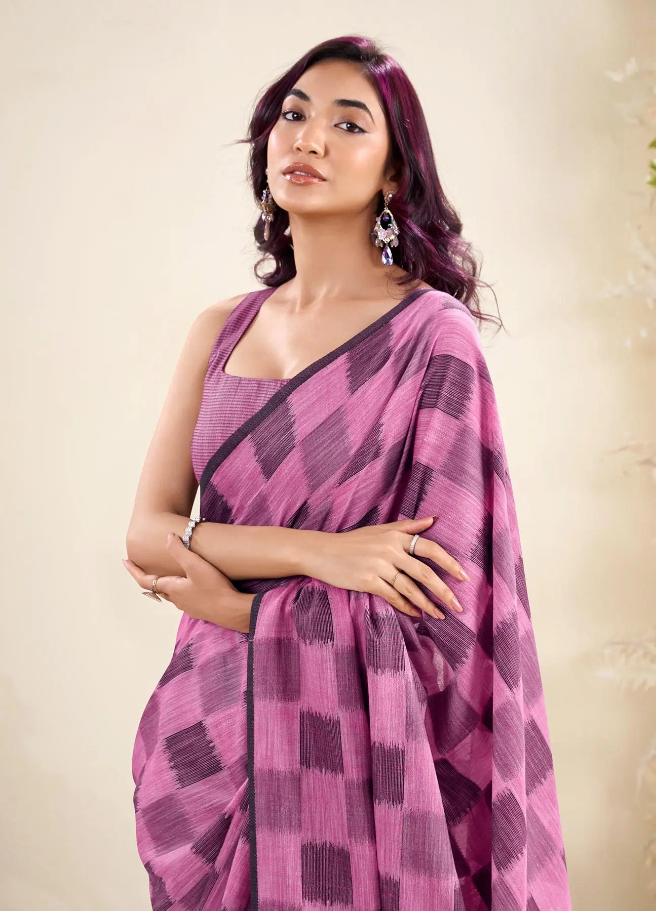 Pink Linen Silk Saree with Checks Print