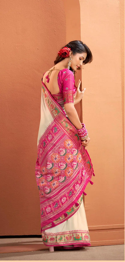 White  Silk Patola Weaving Saree with Attractive Border