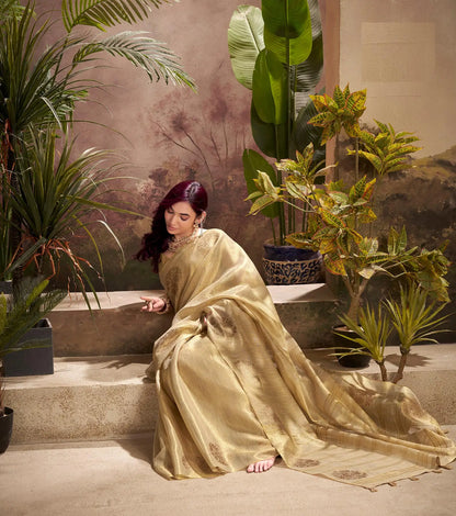 Beige Tissue Silk Saree with Woven Butta Work