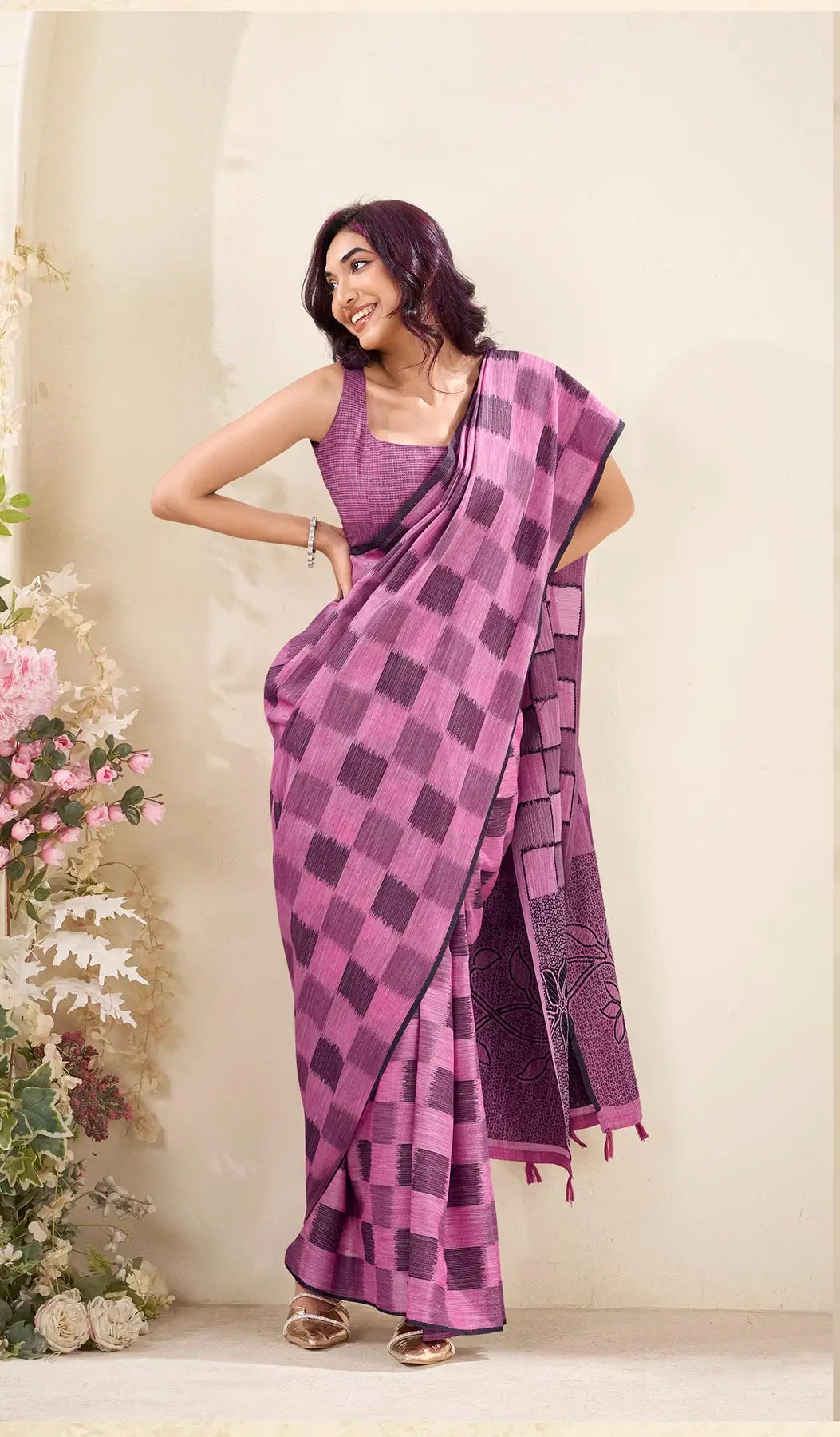Pink Linen Silk Saree with Checks Print