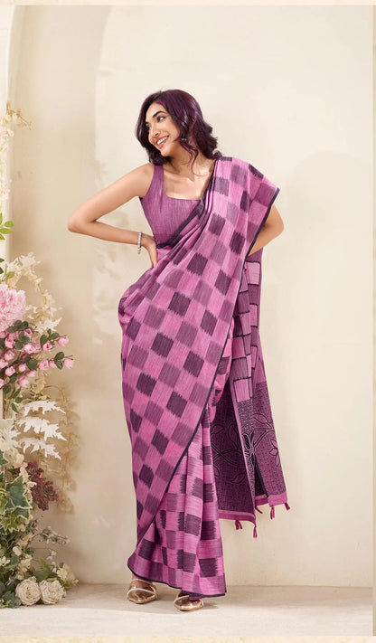 Pink Linen Silk Saree with Checks Print
