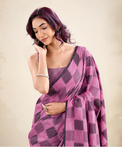 Pink Linen Silk Saree with Checks Print