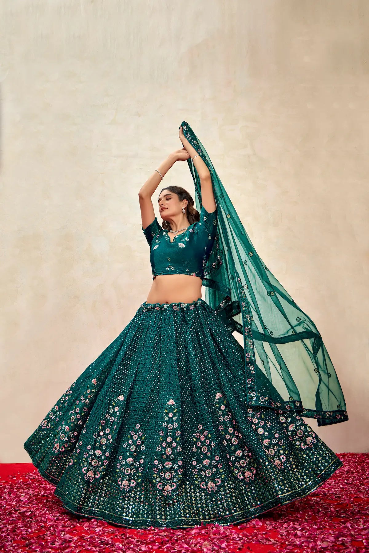 Teal Green Net Thread & Sequence Embroidery Work Lehenga Choli