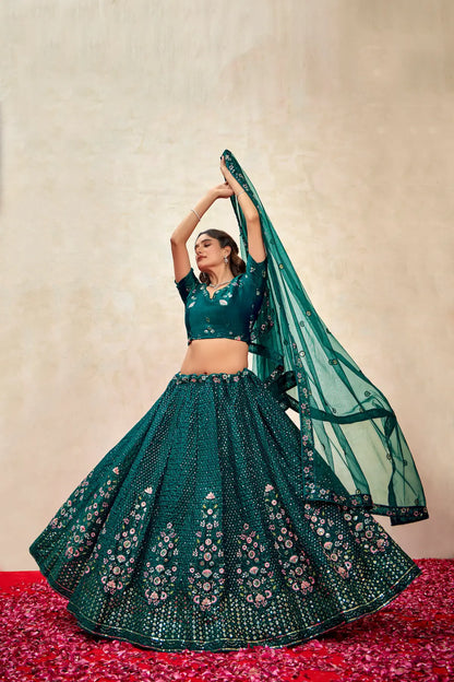 Teal Green Net Thread & Sequence Embroidery Work Lehenga Choli