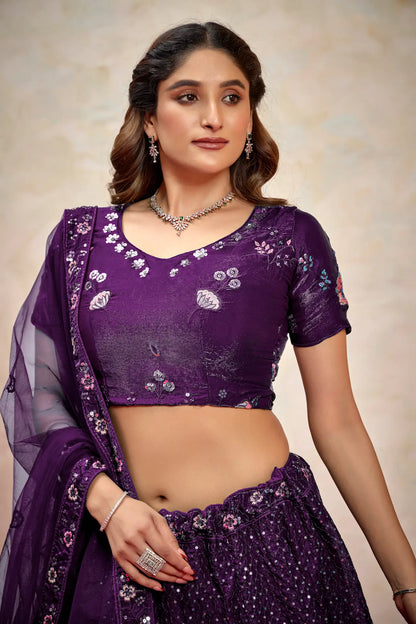 Wine Net Thread & Sequence Embroidery Work Lehenga Choli