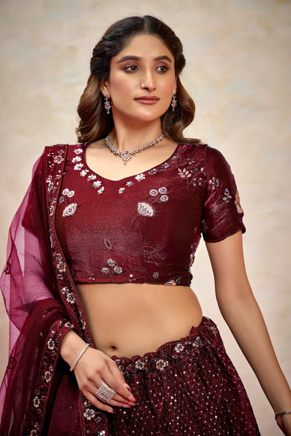 Maroon Net Thread & Sequence Embroidery Work Lehenga Choli