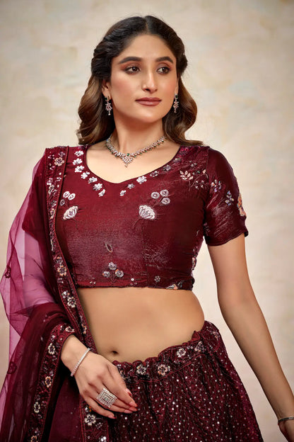 Maroon Net Thread & Sequence Embroidery Work Lehenga Choli