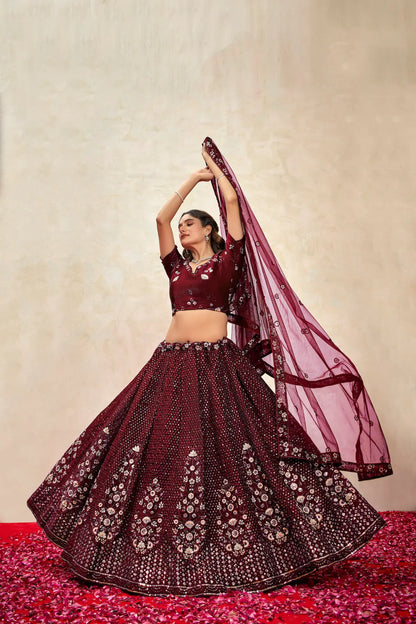 Maroon Net Thread & Sequence Embroidery Work Lehenga Choli