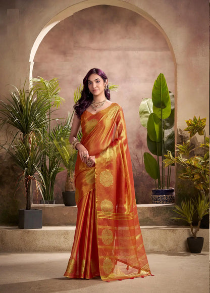 Orange Tissue Silk Saree with Woven Butta Work