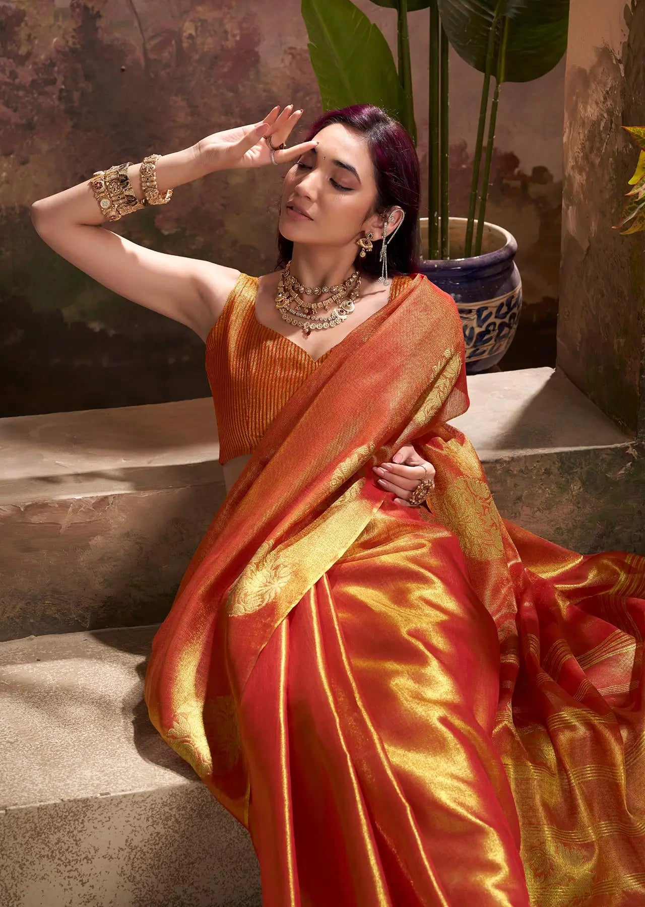 Orange Tissue Silk Saree with Woven Butta Work