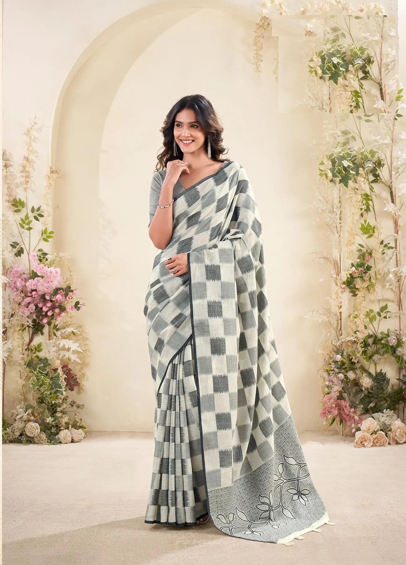 Grey  Linen Silk Saree with Checks Print