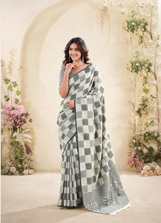 Grey  Linen Silk Saree with Checks Print
