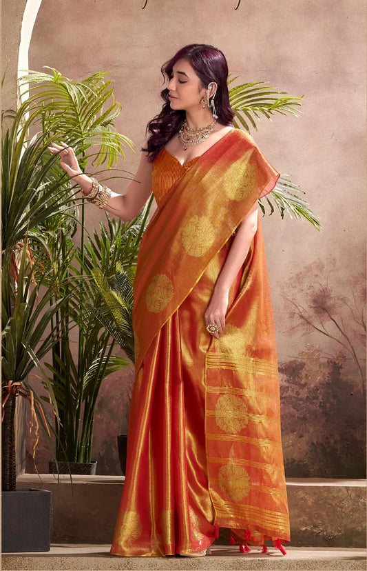 Orange Tissue Silk Saree with Woven Butta Work