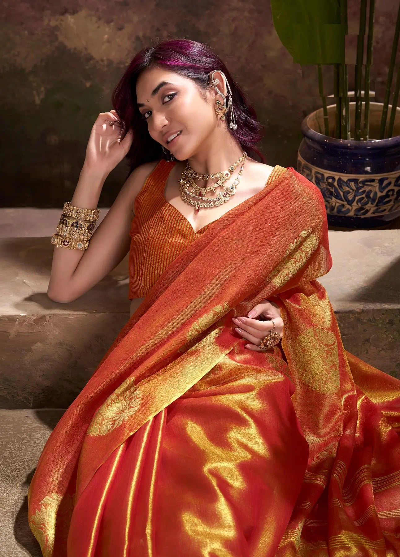 Orange Tissue Silk Saree with Woven Butta Work