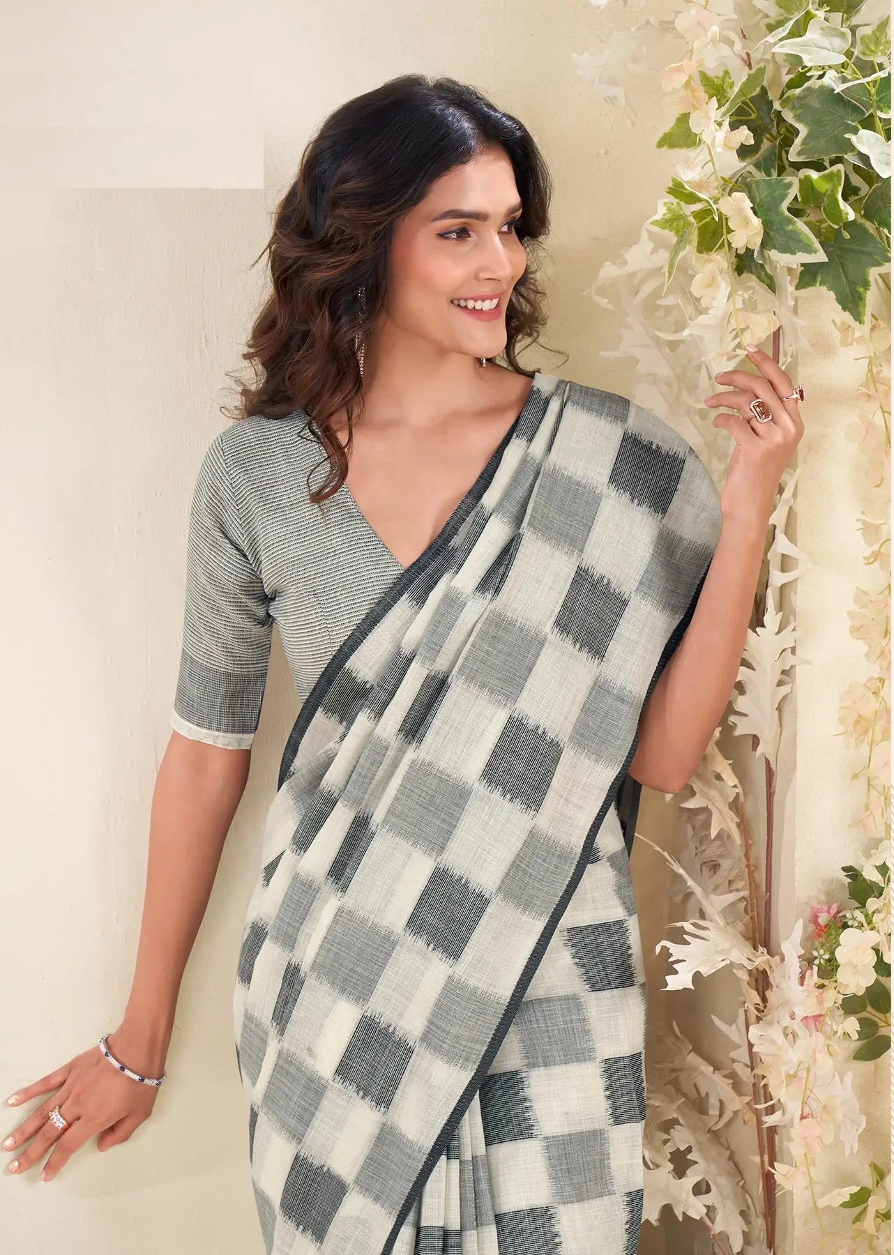 Grey  Linen Silk Saree with Checks Print