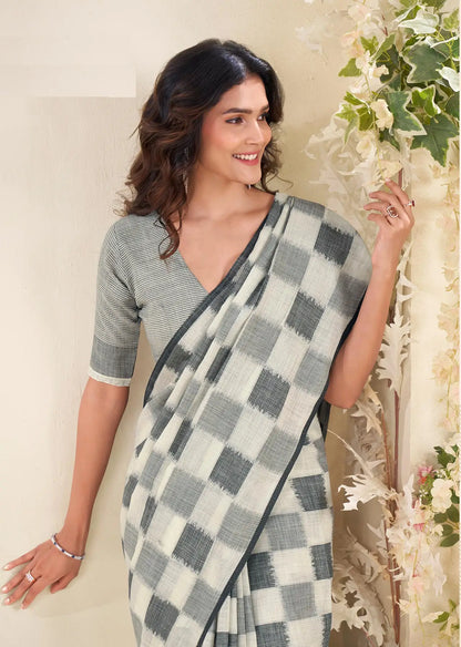 Grey  Linen Silk Saree with Checks Print
