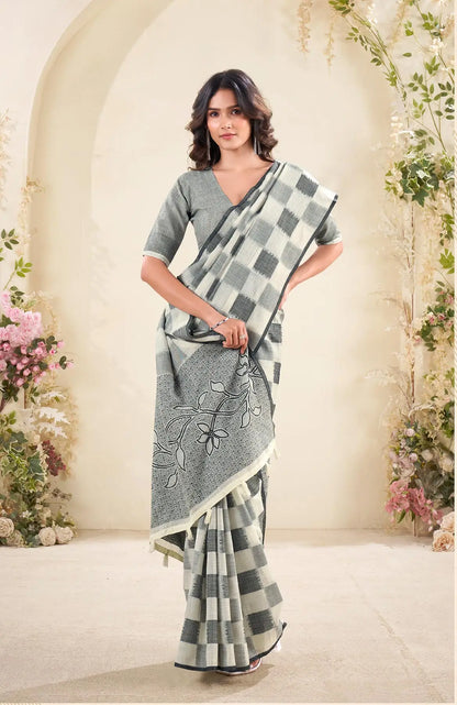 Grey  Linen Silk Saree with Checks Print